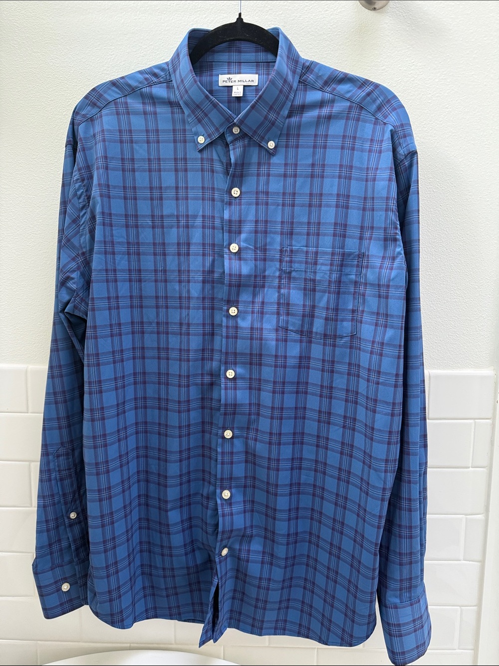 Peter Millar Long Sleeve Plaid Performance Sport Shirt Blue Men's Large
